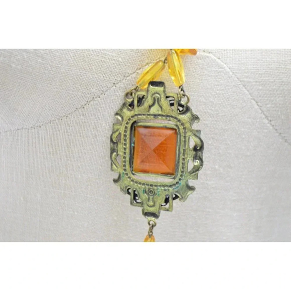 Victorian Topaz Glass Rhinestone Filigree Bead Beaded Pendant Necklace - Picture 7 of 7